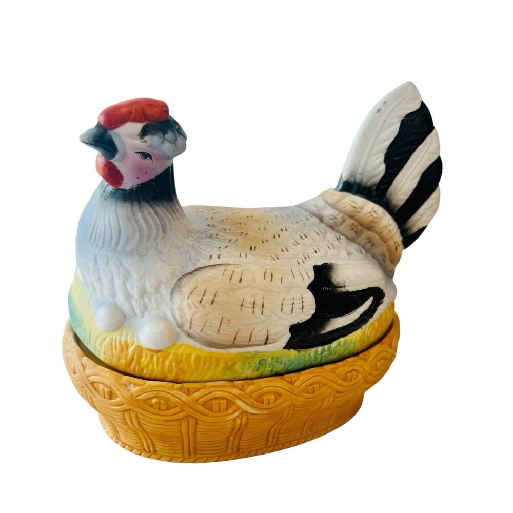 Antique Staffordshire Hen on Nest Covered Dish Bisque Porcelain 6.25”